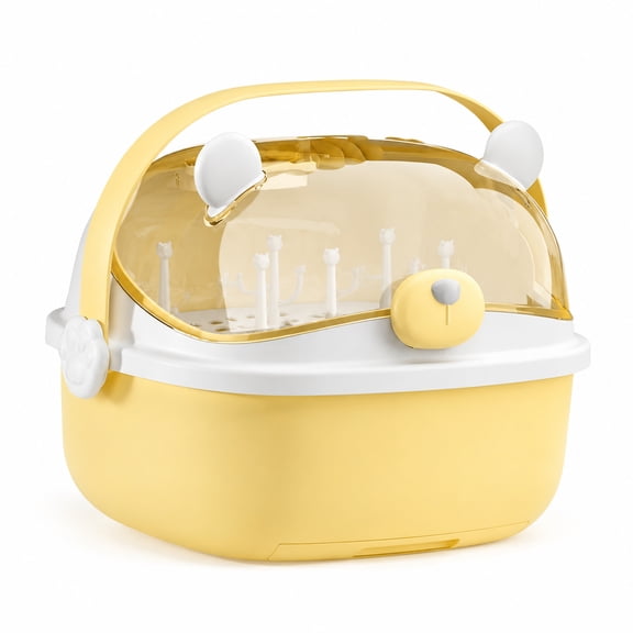 Baby Bottle Drying Rack with Cover, Dustproof Portable Baby Bottle Storage Organizer with Removable Drain Tray, Yellow
