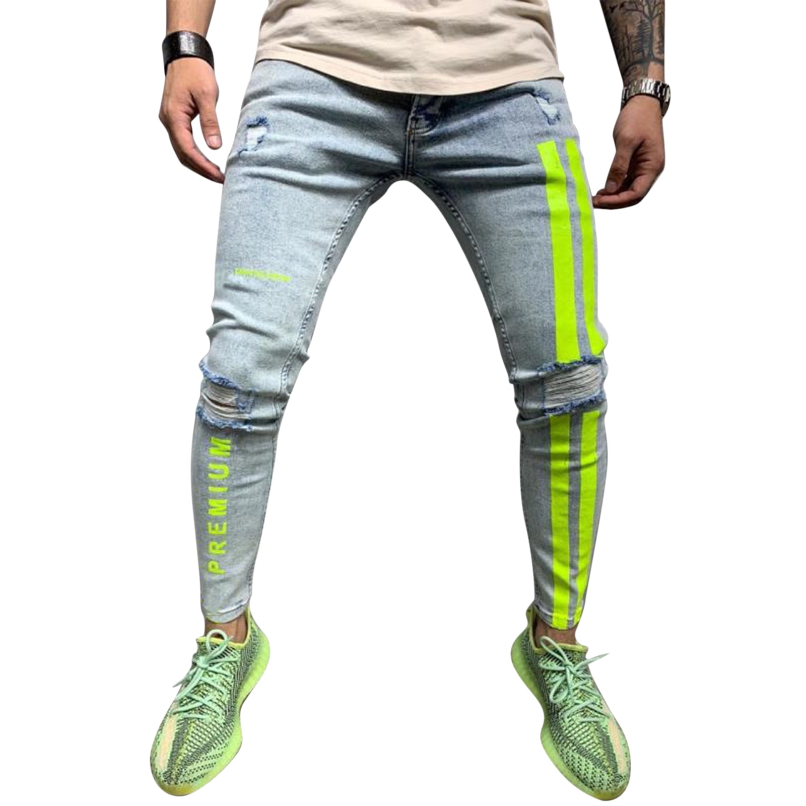 Men' s Ripped Jeans, Striped High Waist 