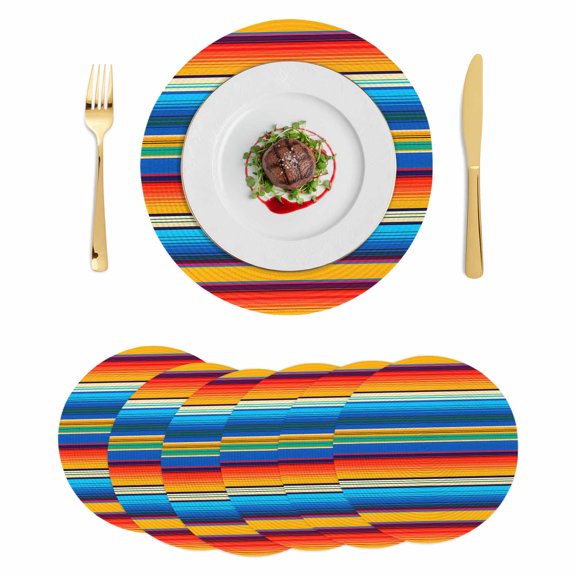 Colorful Striped Round 13 Inch Placemats Set of 6, Boho Rainbow Abstract Stripes Lines HeatResistant Non Slip Place Mats for Dining Table, Wipeable Braided Kitchen Table Mats for Housewarming