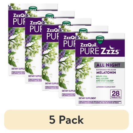 (5 pack) ZzzQuil PURE Zzzs Melatonin All Night Extended Release Tablets Dietary Supplement 28 Count
