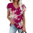 thumbnail image 2 of Wycnly Womens Tops Loose Fit Comfy Breathable Petal Sleeve Vintage Tshirts Summer Casual Floral Print V-Neck Short Sleeve Blouse Wine m, 2 of 4