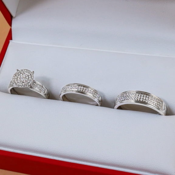 Bluebell Jewels Bride & Groom Ring Set For Wedding Round Cut CZ 14K White Gold Finish Trio Couple Ring Set