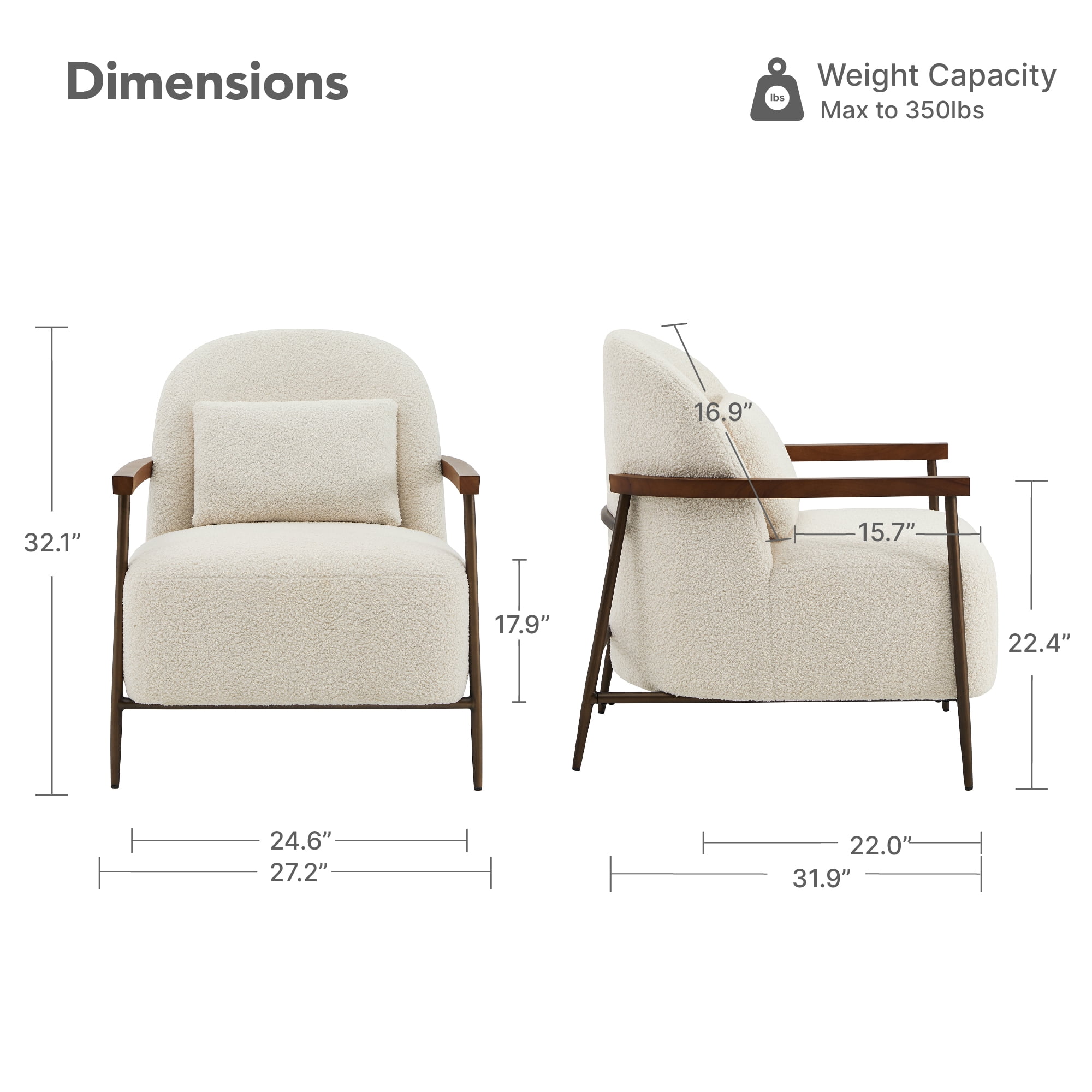 Spruce & Spring Modern Upholstered Faux Sherpa Accent Chair with Wood Arms and Metal Legs, Set of 2, Ivory