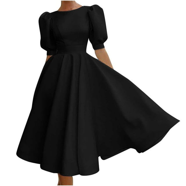 Robe Midi Trapèze Plissée pour Femmes à Manches Courtes Bouffantes, Col Ras du Cou, Couleur Unie, Robe Babydoll, Dos Nu, Évasée, Robe de Soirée