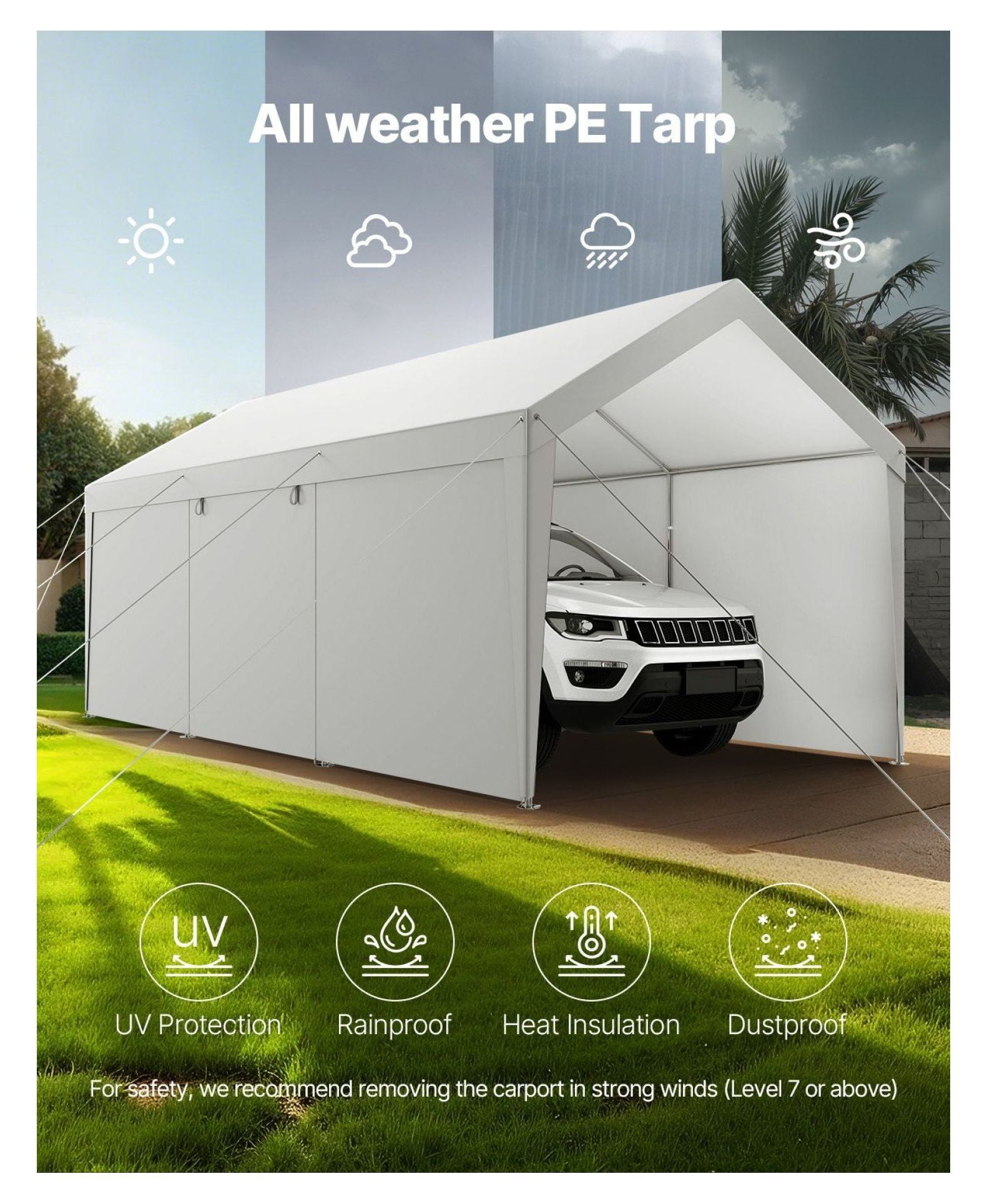 Carport Car Canopy 10x20FT Heavy Duty, Waterproof Car Shelter with Sidewalls - White Outdoor Vehicle Protection