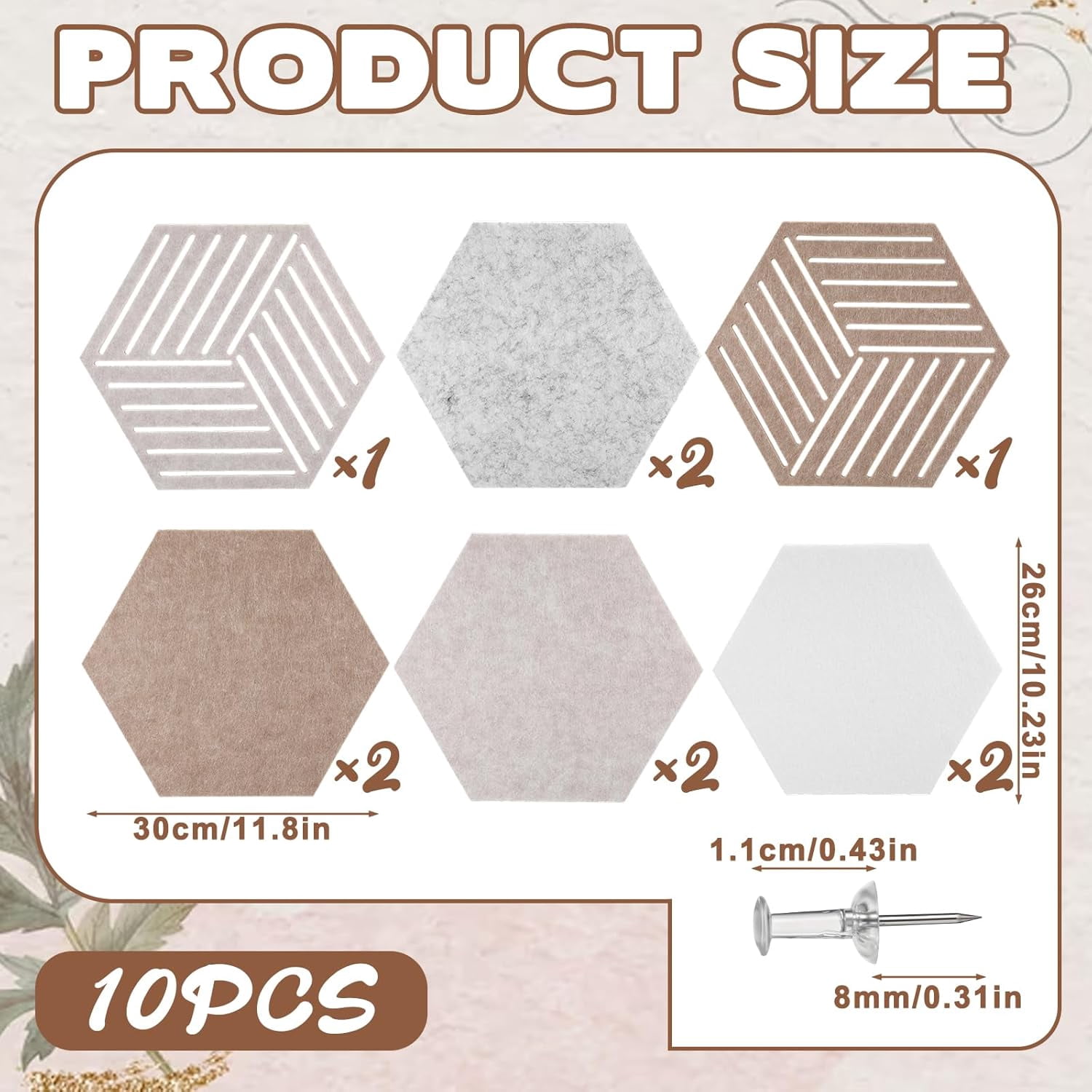 10 Pcs Hexagon Cork Board Tiles 12'' Medium Bulletin Boards for Walls Decor, Felt with 20 Clear Push Pins Office Home Classroom Photos DIY Decor