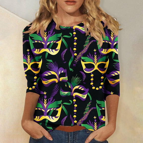 CYiJun Mardi Gras Clothing,Sparkling Mardi Gras Crewneck Top,3/4 Sleeve Metallic Party Shirt for Carnival Celebration