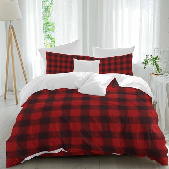 Christmas Farmhouse Duvet Cover Set Queen Size, Classical Red Black Buffalo Plaid 4 Piece Soft Microfiber Bedding Set Holiday Bedding, 1 Comforter Cover, 1 Flat Sheet, 2 Pillowcases
