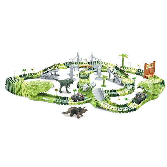 Magical Dino Twisting Race Car Track - Dinosaur Tunnel, Drawbridge & Bridge Flexible Bending Race Tracks w/ 2 Race Track Slot Car Toy - ( Totals 196 pcs )