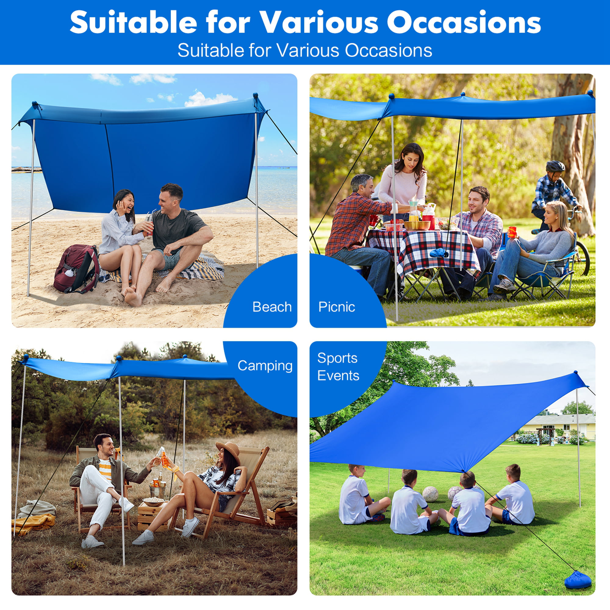  Beach Tent Canopy Beach Shade 10x10ft UPF50+ Sun Shelter with  8 Sand Bags 4 Stable Poles Sand Shovel JSCARES Cabana for 8 Person Portable  Outdoor Shade for Camping Trip Fishing