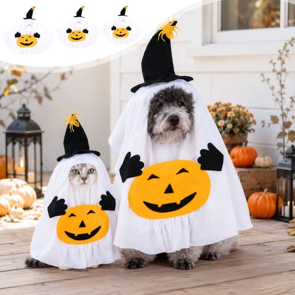 Aoznliie Dog Clothes, Halloween Ghost Pumpkin Cape with Witch Hat for Large Dogs, L 16.9-23.6 inch Neck Soft Pet Outfit, White
