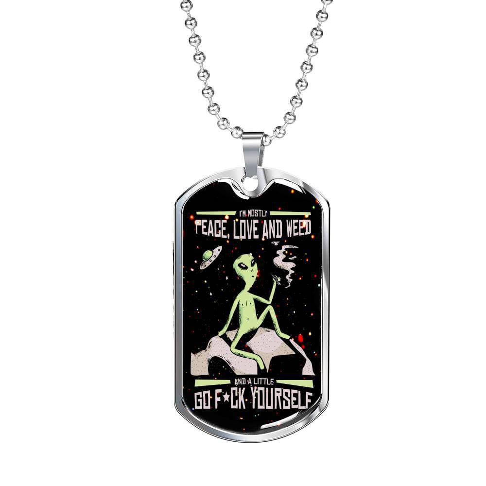 Express Your Love Gifts Alien Smoking Necklace UFO Alien Fan Gift Stainless Steel or 18k Gold Dog Tag w 24 Chain