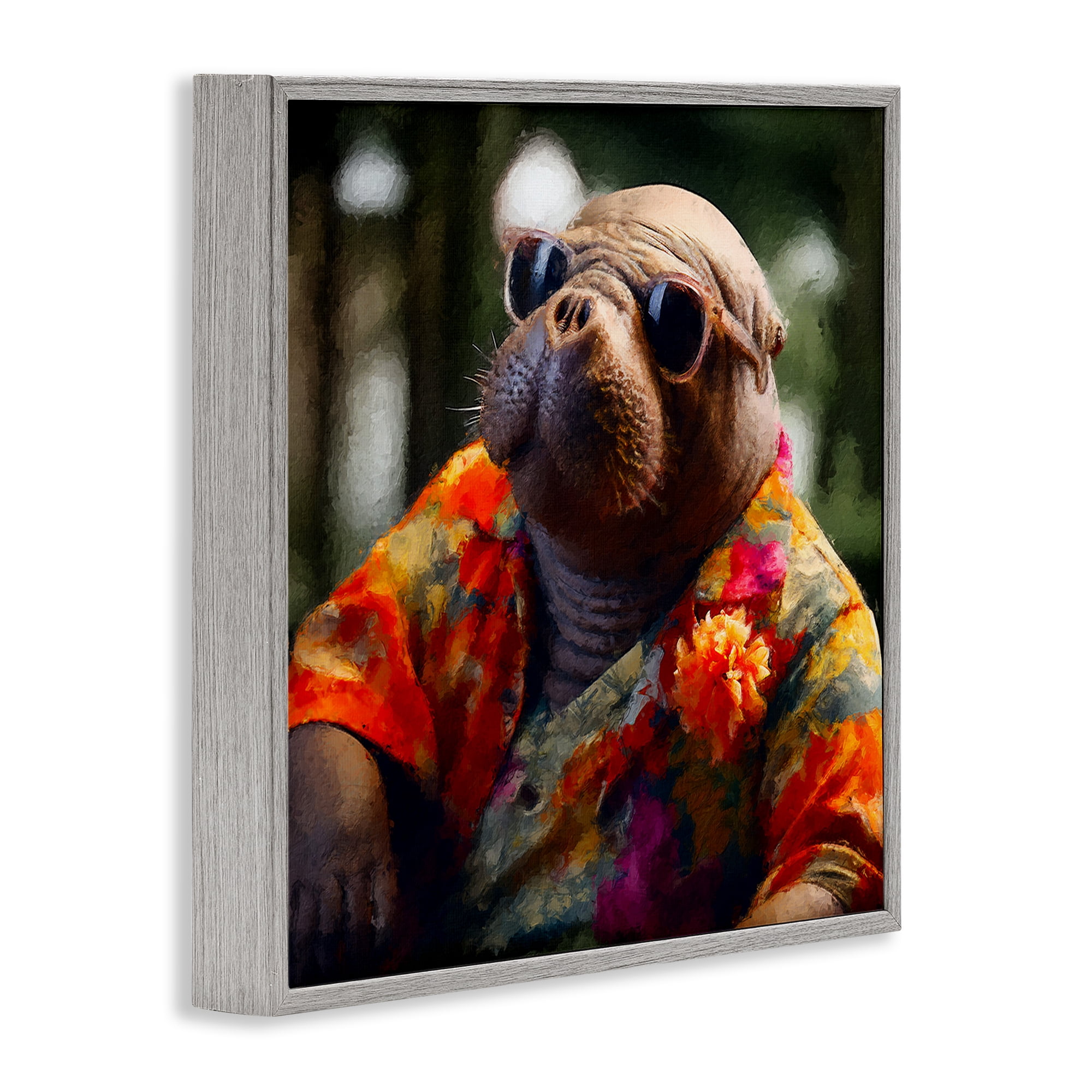 Stupell Industries Manatee with Aloha Shirt Animals & Insects Painting Gray Framed Art Print Wall Art, 17 x 17