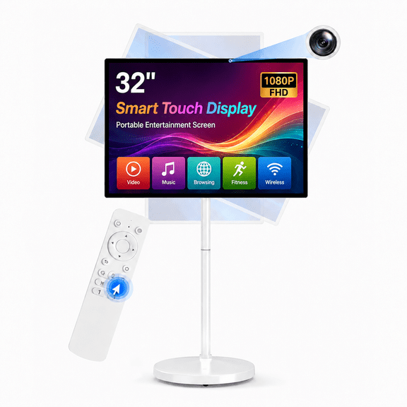 Nexella 32-Inch Portable Touchscreen Smart TV, 1080P Full HD IPS Display, Android 13, 8GB RAM 128GB Storage, 10000mAh Battery, 13MP Camera, Rotating Screen, HDMI, Dual-Band WiFi, White