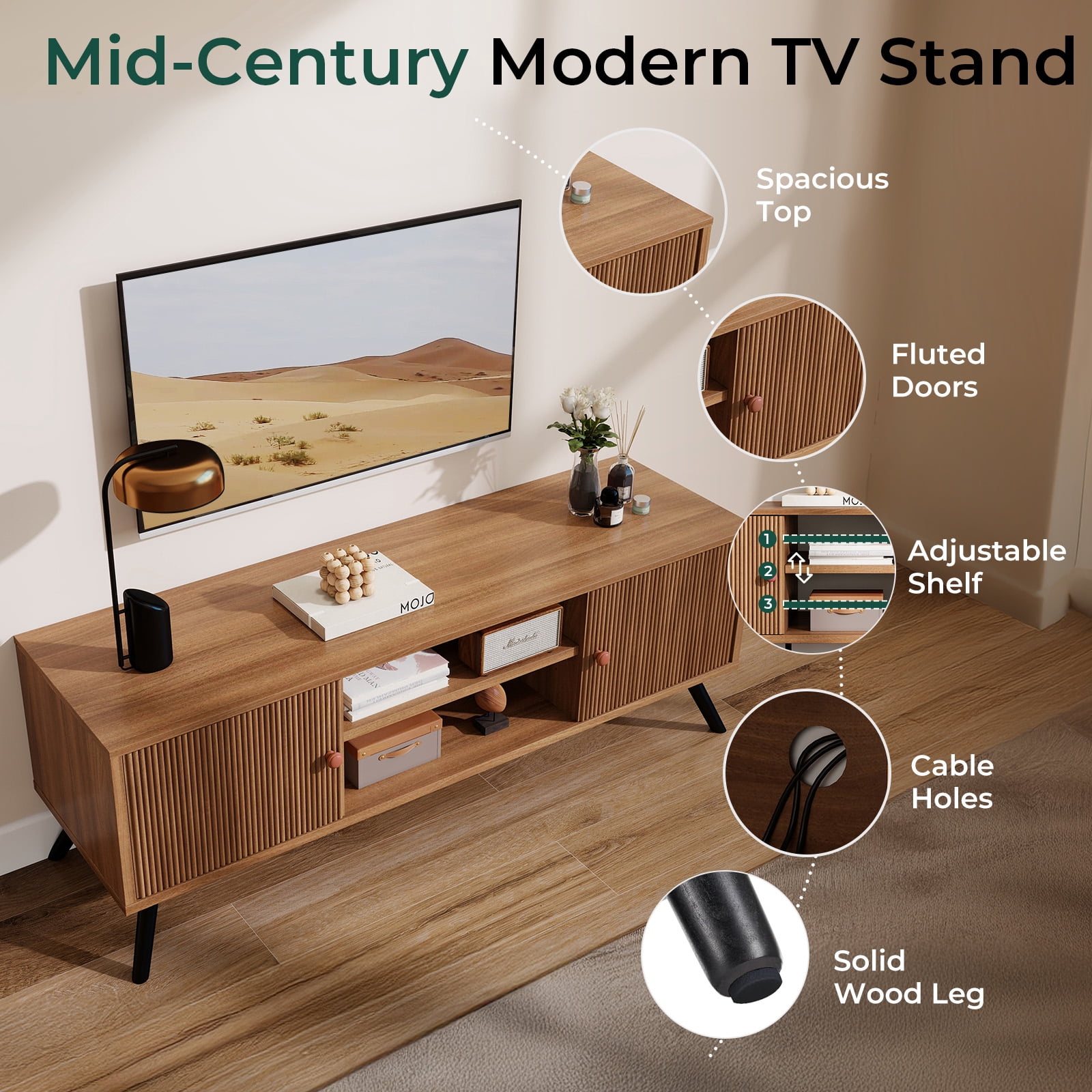 LUCKLIIFE 53" TV Stand for 55" -65" TVs, Mid Century Modern Entertainment Center  for Living Room