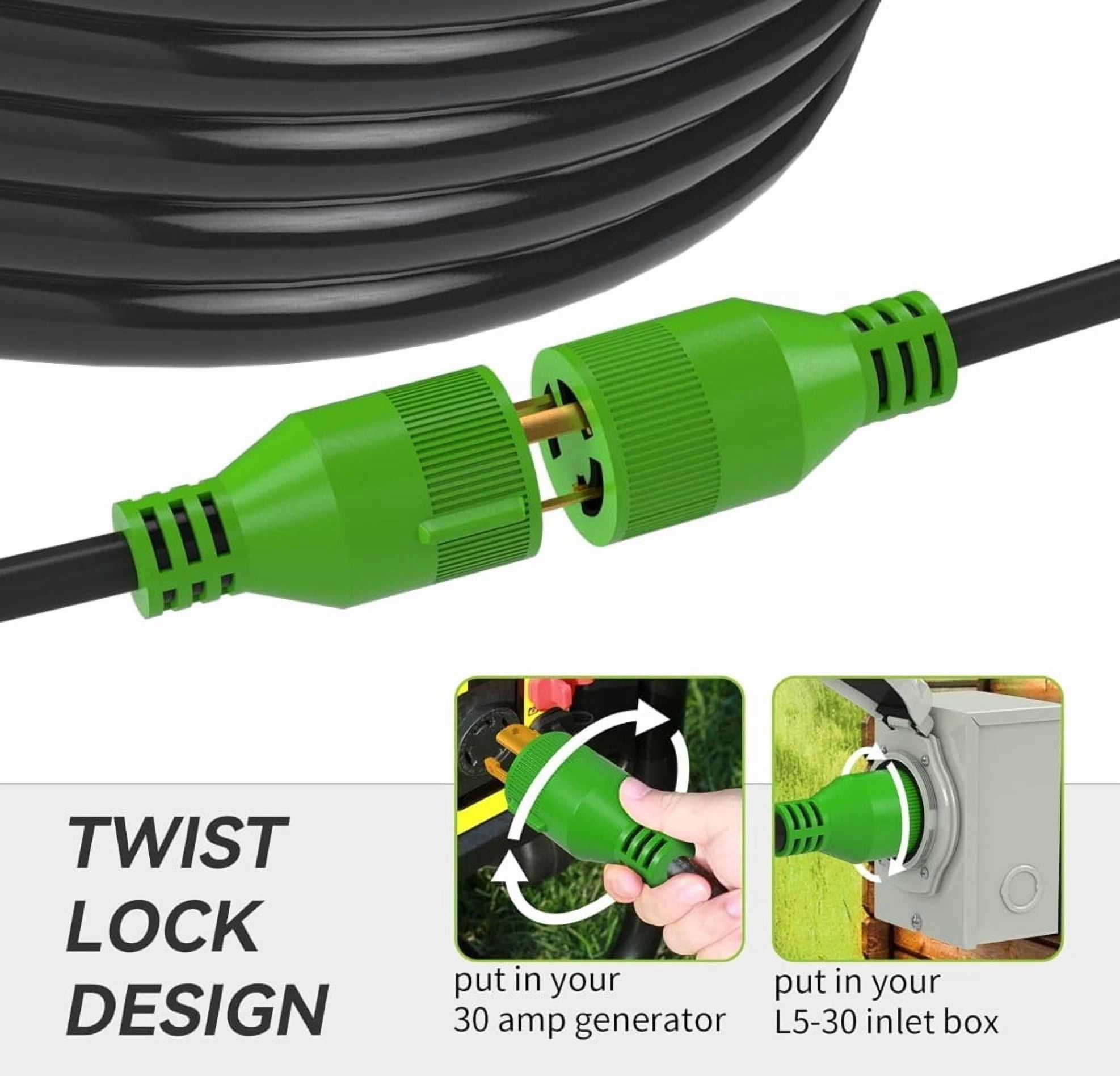 RVMATE 25 ft 30 Amp 125 V 3750 W 3-Prong Generator Extension Cord NEMA L5-30P/L5-30R SJTW Jacket GC33025-RM