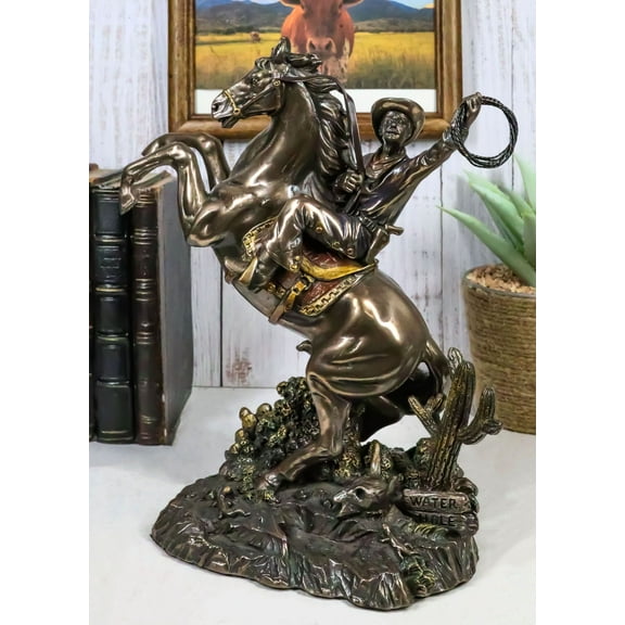 Rustic Western Desert Rodeo Cowboy On Rearing Horse With Lasso Ropes Figurine