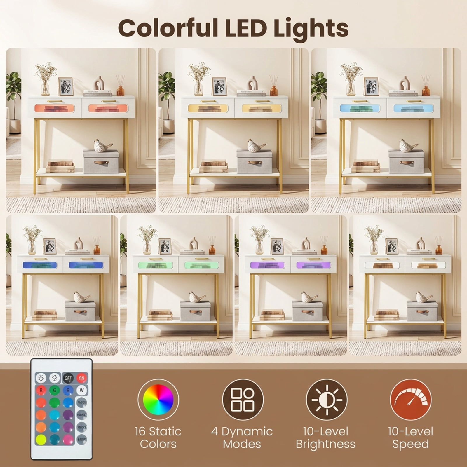 Furnibear Console Table with LED Lights and Open Shelf Entryway Table with 2 Drawers for Living Room Hallway Entrance Sofa, White