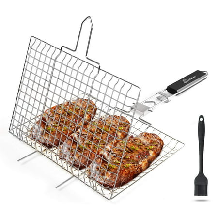 WolfWise Stainless Steel Portable BBQ Grilling Basket for Fish Vegetable Steak Shrimp with an Additional Basting (Best Grill For Cooking Steaks)