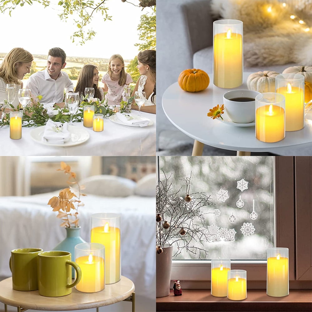 DONGPAI Glass Flameless Candles Battery Operated, LED FLameless Flickering 3D Wick Pillar Candles for Festival Wedding Christmas Home Party Decor, 3 Pack