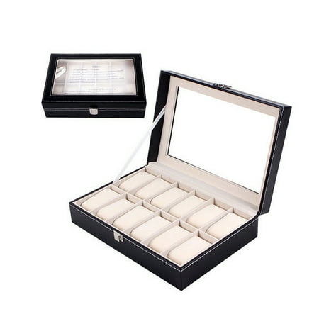Wood Watch Case Storage Box - Zimtown New 12 Slot Leather Watch Box Display Case Organizer Glass Top Jewelry Storage
