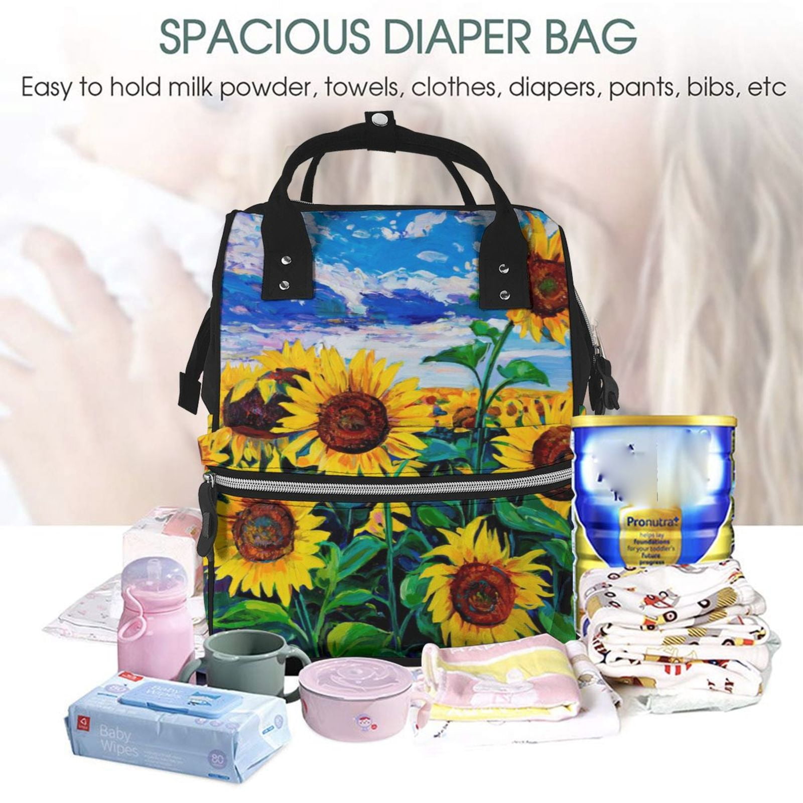 Ratiio Landscape With Sunflowers Mummy Backpack - Waterproof Twill Canvas, Large Capacity Diaper Bag with Multiple Pockets and Adjustable Straps