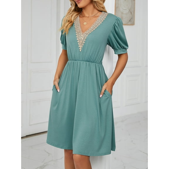 Purcoar Women's Summer Dress Short Sleeve V-Neck Midi Dress With Pocket