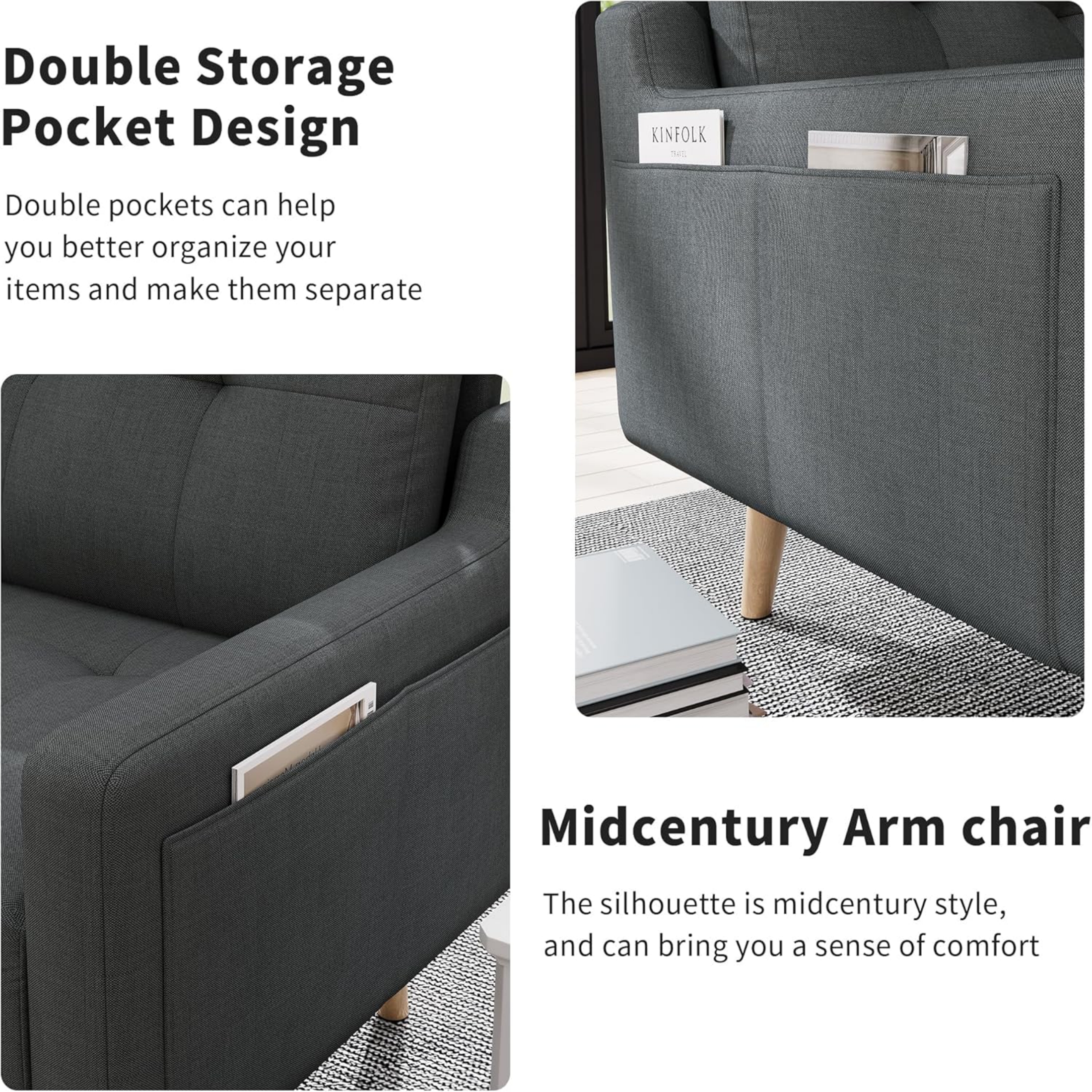 EPOWP Modern Upholstered Arm Chair, Mid Century Accent Club Chair with Side Pocket for Living Room, Bedroom, Office, Reading, Office, Dark Gray