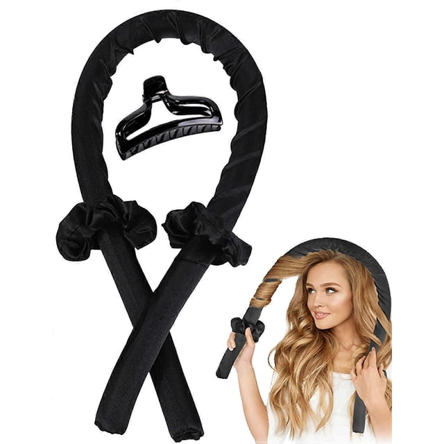 Rizadores de pelo sin calor con pinzas y coletero, diadema de varillas de seda sin calor para rizos negros durante la noche.