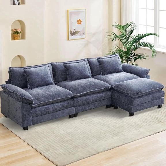 IPKIG L Shape Sofa Comfy Sectional Cloud Couch for Living Room with Pillows, Modern Chenille Sofa Sleeper Deep Couches with Ottoman (Blue, 4-Seat)