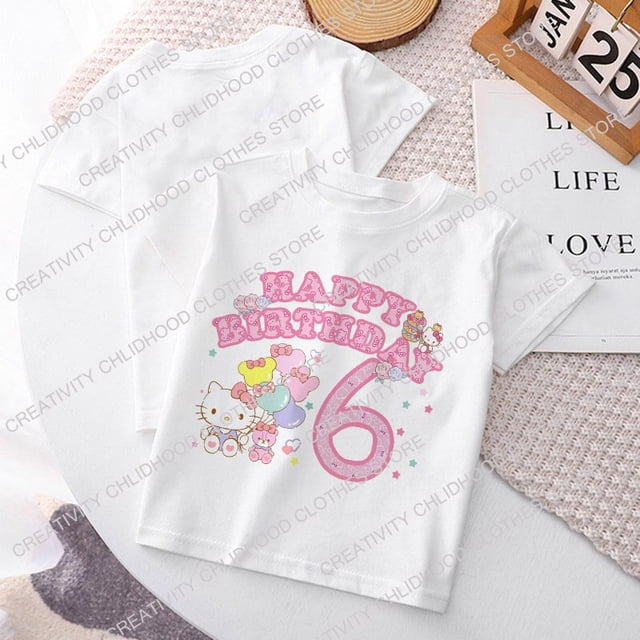 Camiseta de Hello Kitty para niños, playera con número de cumpleaños 1-14, Kawaii Sanrio Y2k, dibujos animados, ropa de calle informal para niños y niñas