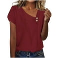 thumbnail image 2 of Otntypg Asymmetrical Button V Neck Tops for Women Dressy Casual Summer Petal Short Sleeve Basic Solid Color Tunic Tees Shirt Trendy Cozy Work Business Blouse Wine S, 2 of 8