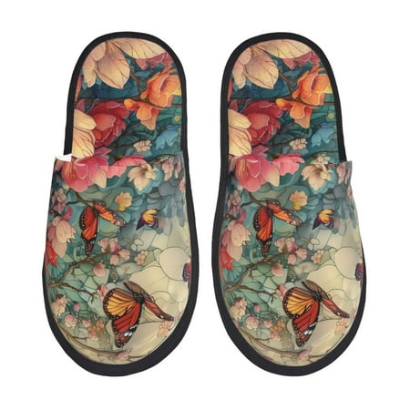 Balery Butterflies In Blooming Garden Slient Indoor Furry Fleece Comfort House Shoes Soft Non-Slip Home Shoes Cotton slippers House Slippers-- Medium