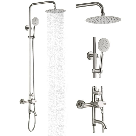 Ensemble de Robinet de Douche en Acier Inoxydable SUS304 Argenté Montage Mural Triple Fonction Système de Douche 8 Pouces Pommeau de Douche Salle de Bain Douche Réglable Pulvérisation à Main Pluie Nickel Brossé Robinet de Douche Complet