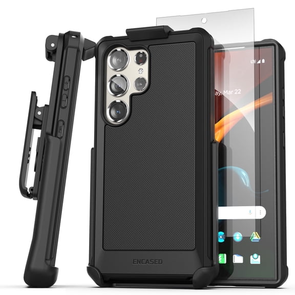 Encased Falcon Belt Case Designed for Samsung Galaxy S24 Ultra Case with Holster Clip - Protective Case with Tempered Glass Screen Protector (Black)