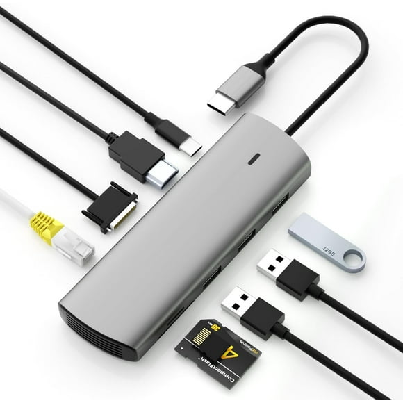 YQHWQ USB C Hub Multiport Adapter, 9 in 1 USB Docking Station with 4K HDMI, 100W PD Charging, 3 USB3.0, SD/TF Card Reader, Gigabit Ethernet, VGA, Compatible for , and More Type C Devices