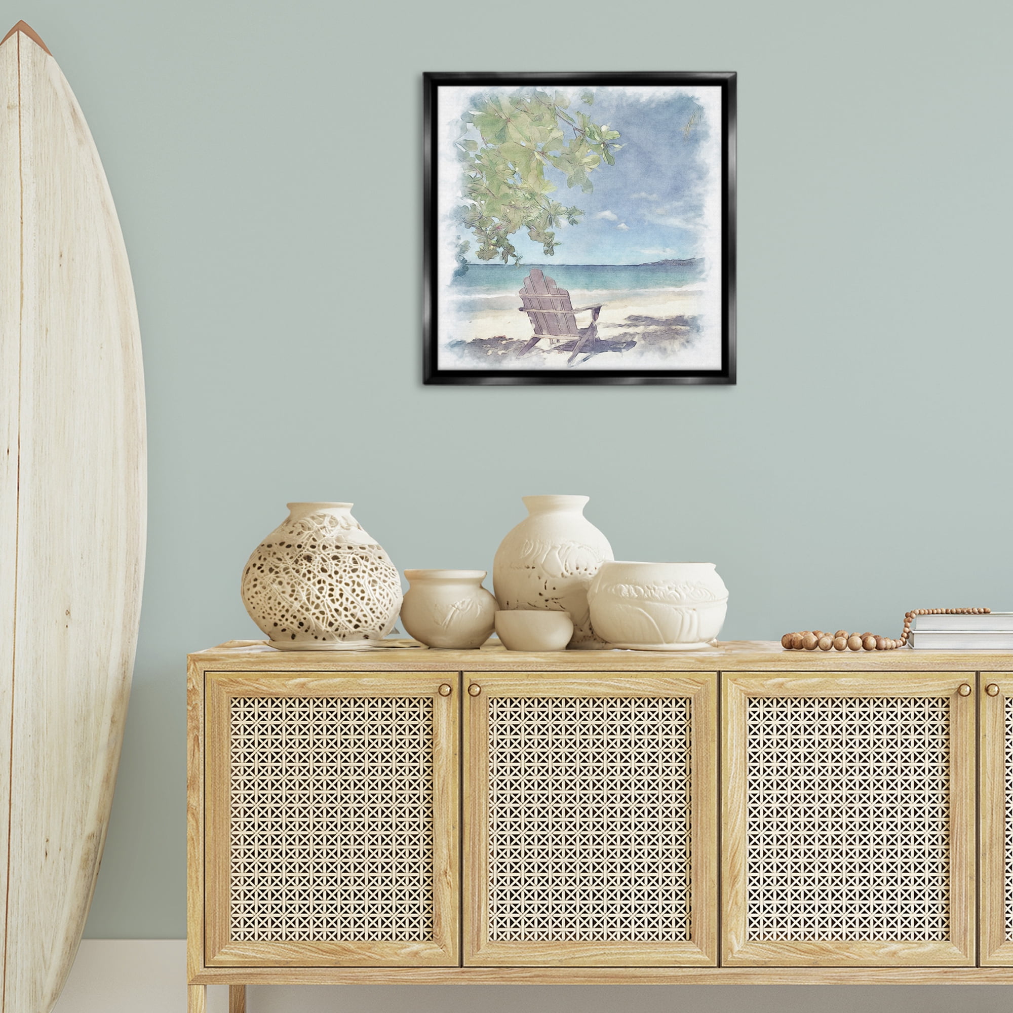Stupell Industries Lone Chair Beach Shore Landscape & Nature Painting Black Floater Framed Canvas Art Print Wall Art, 25 x 25