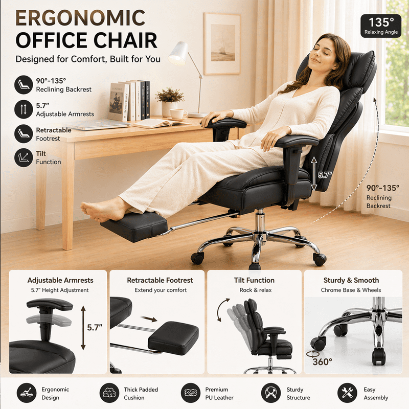 Simple Deluxe Big and Tall Office Chair 350 lbs, PU Leather Executive Desk Chair with Footrest, Pocket Spring Cushion, Ergonomic Reclining Computer Chair for Home Office, Black