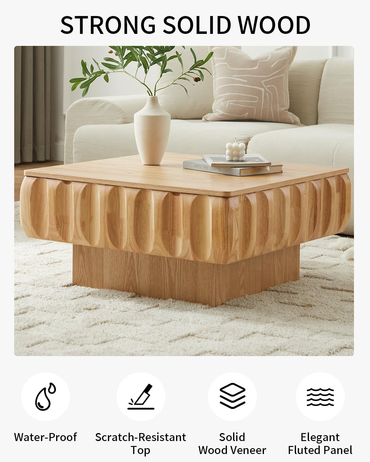 Lift Top Coffee Table with Hidden Storage, 31 inch Solid Wood Fluted Design for Small Space Living Room, Natural