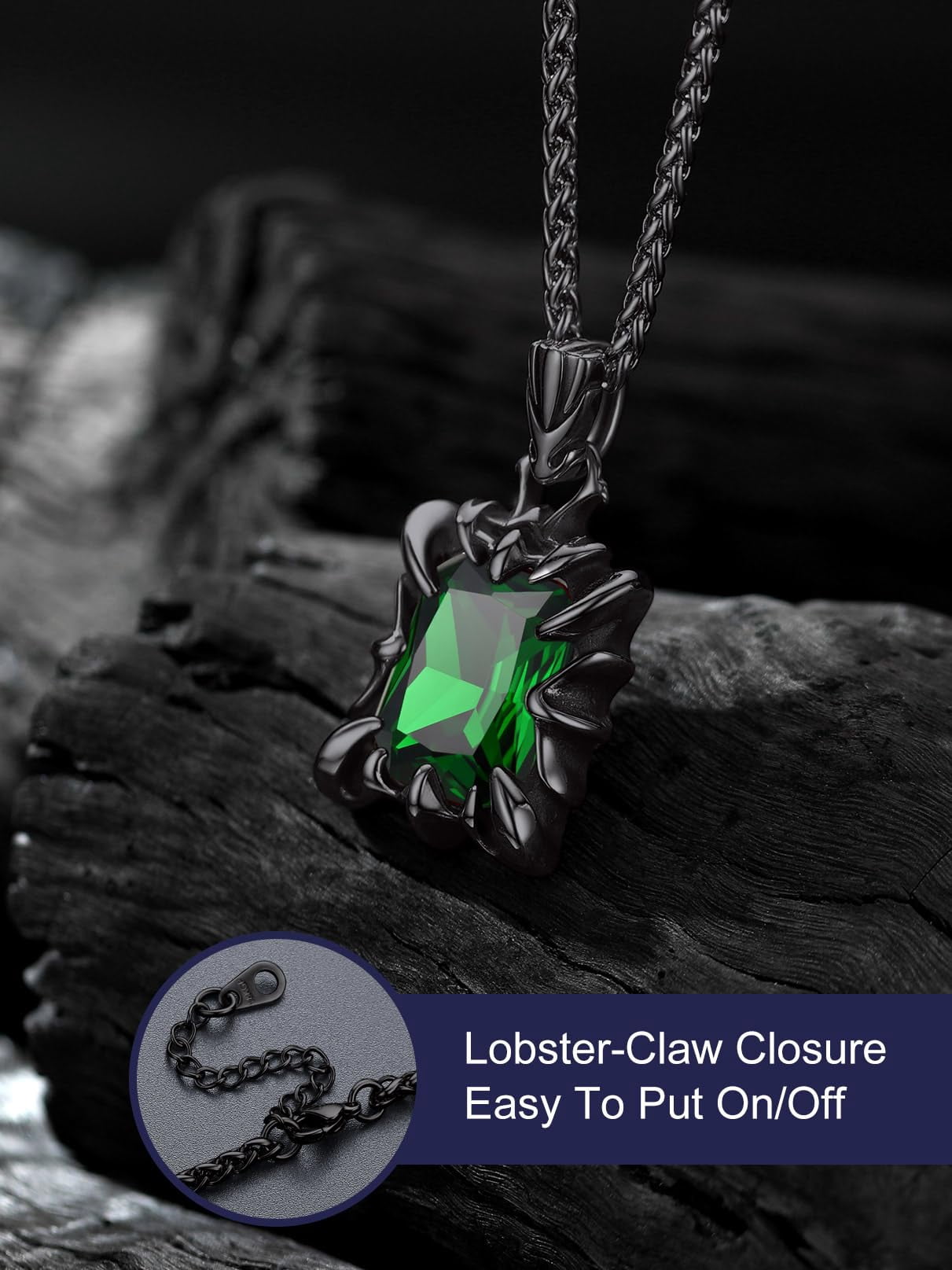 Bandmax Gothic Black Stainless Steel Necklaces for Men Women Dragon Claw Pendant Emerald Stone Vintage Goth Punk Necklace for Gift