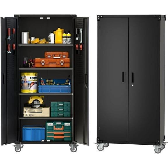 72‘’H Garage Storage Cabinet - 600 Lbs Weight Capacity Metal Storage Cabinet with 1.58'' Reinforced Steel Frame,Magnetic Automatic Door Lock & 4 Adjustable Plates,for Garage, Workshop, Home & Office