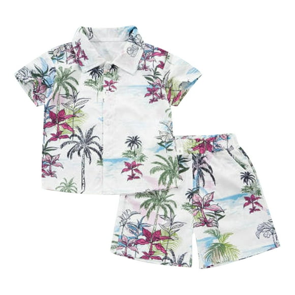 TIEVOSA Boys Hawaii Outfit 2PCS Set Summer Beach Button down Shirt Tee Top + Shorts for Kids 18-24 Months(White)