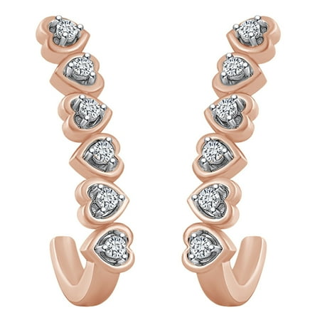 0.1 Carat (cttw) Round Shape White Natural Diamond J Heart Hoop Earrings 10k Solid Rose Gold