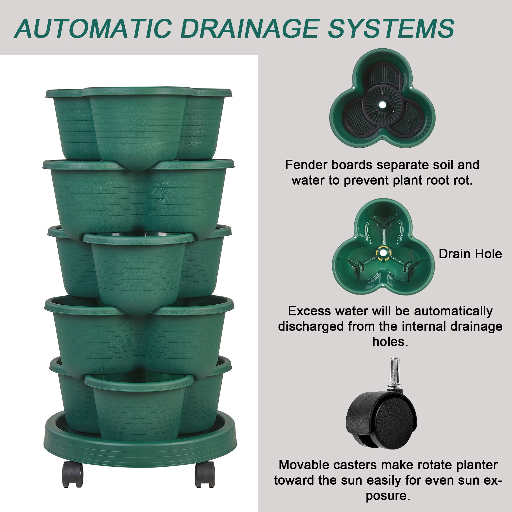 VECELO Stackable Planters 5 Tier Vertical Gardening Planter, Stackable Garden Tower Indoor Outdoor Pot For Strawberries, Flowers, Herbs, Vegetables With Removable Wheels, Dark Green