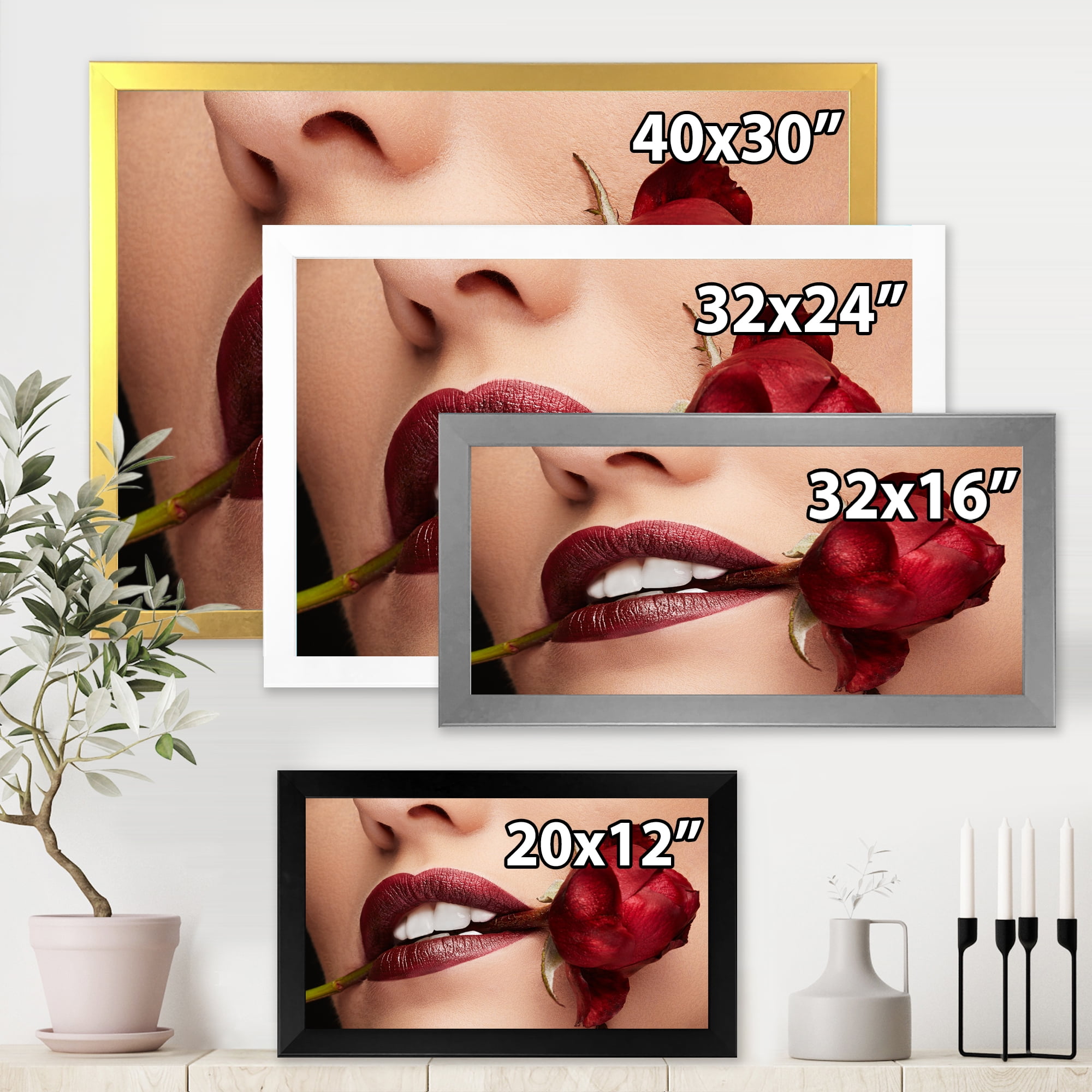 Designart 'Girl With Red Lipstick Holding A Rose In Mouth' Modern Framed Art Print