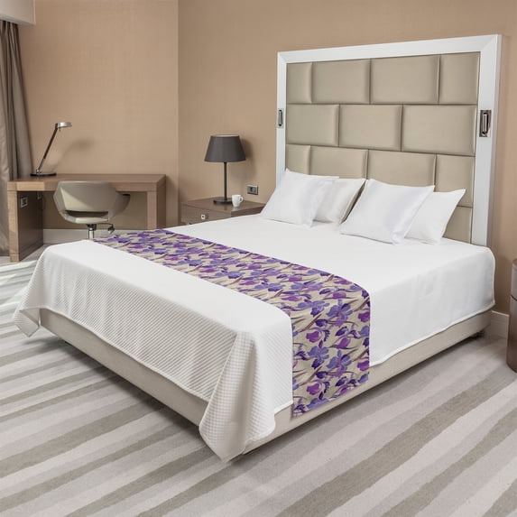 Floral Bed Runner, Digital Interpretation of Blooming Flowers, Decorative Accent Bedding Scarf for Hotels Homes and Guestrooms, Queen, Pale Tan Violet, by Ambesonne
