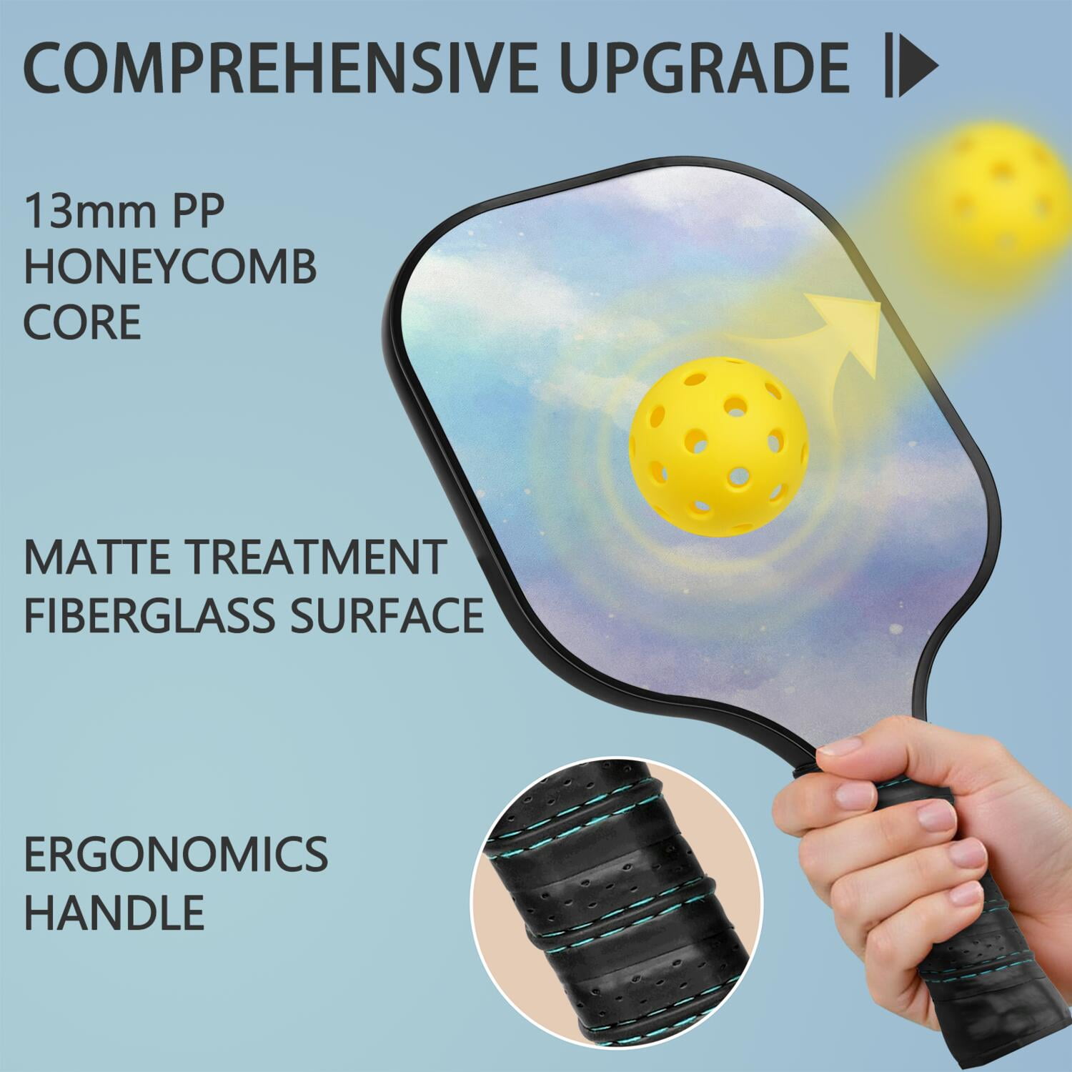 Pickleball Paddles Set Of 1, Fiberglass Surface, Dreamy Cloud Print, 1 Paddle, 2 Balls & Bag