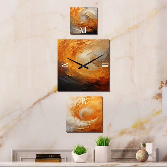Designart "Desert Mirage Spiral in Gold and Orange" Abstract Spirals Oversized Wall Clock - Set Of 3 - Multipanel Clock For Living Room Décor - Large Contemporary Wall Clock