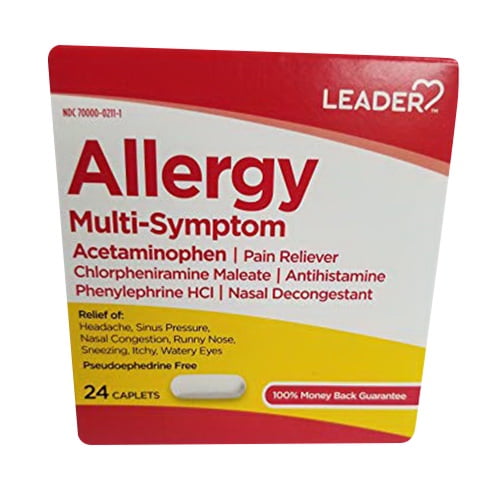 Leader Allergy Multi Symptom Acetaminophen Pain Reliever Caplets, 24 Ea