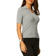 thumbnail image 4 of INSPIRE CHIC Women's Knit Blouse Lapel Collar Short V Neck Sleeve Fitted Ribbed Tops S Gray, 4 of 5